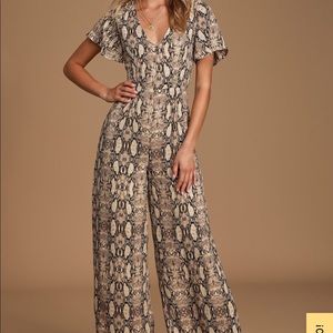 Sage the Label It Girl Tan Multi Snake Print Wide-Leg Jumpsuit. Size M